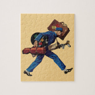 Vintager Bellhop in Uniform, Suitcase und Golf Clu Puzzle