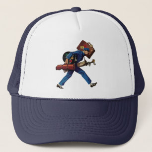 Vintager Bellhop in Uniform, Suitcase und Golf Clu Truckerkappe