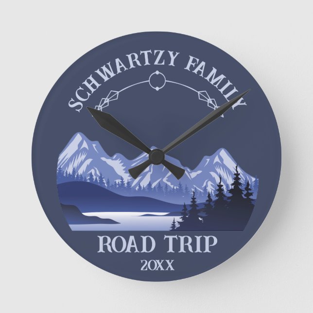 Vintager Berg Sonnenuntergang Außensee Retreat bla Runde Wanduhr (Vorderseite)