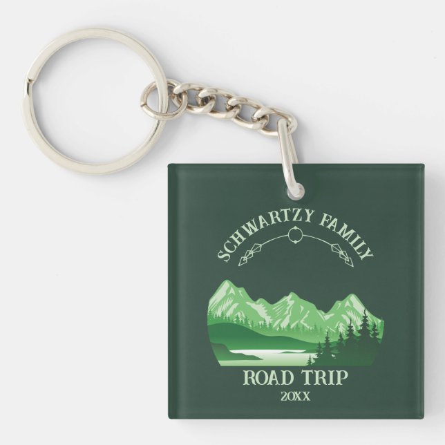 Vintager Berg Sonnenuntergang Außensee Retreat Grü Schlüsselanhänger (Vorderseite)