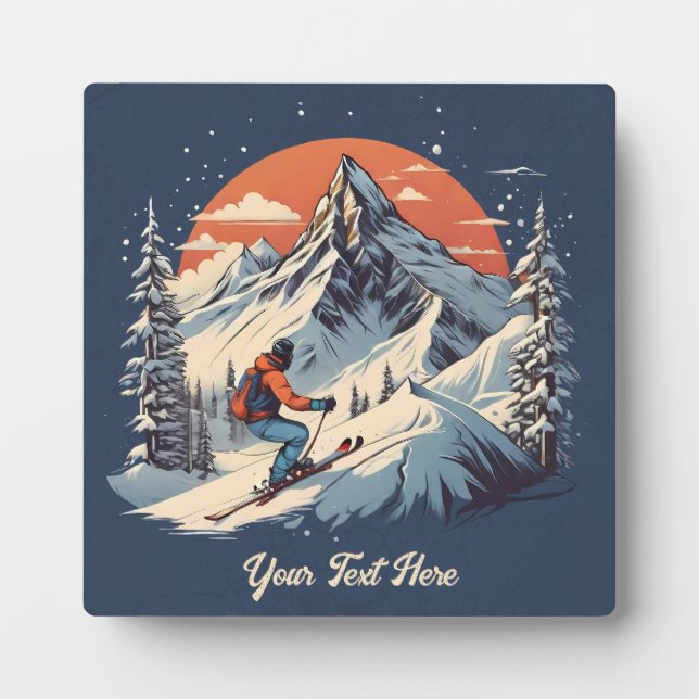 Vintager Bergpin Skifahren orange Sonnenuntergang Fotoplatte (Vorderseite)