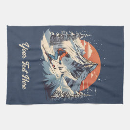 Vintager Bergpin Skifahren orange Sonnenuntergang Geschirrtuch