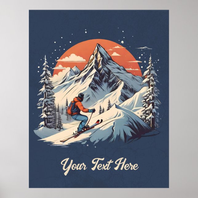 Vintager Bergpin Skifahren orange Sonnenuntergang Poster (Vorne)