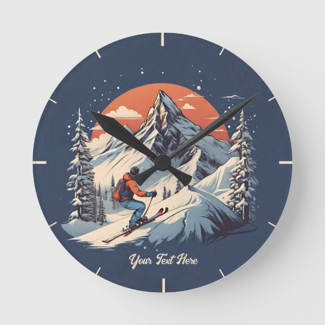 Vintager Bergpin Skifahren orange Sonnenuntergang Runde Wanduhr (Vorderseite)