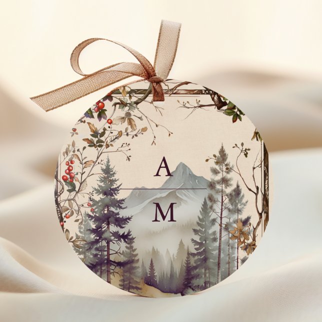 Vintager Bergwald Hochzeit von Evergreen Tree Runder Aufkleber (Von Creator hochgeladen)