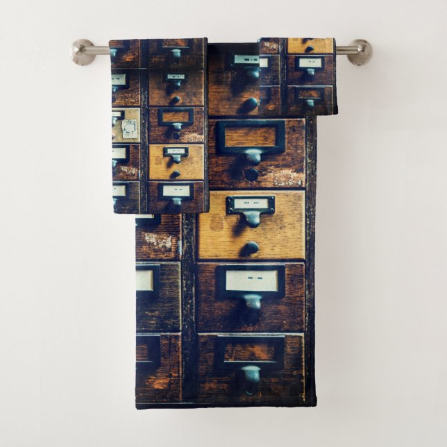 Vintager Bibliothekskartenkatalog Badhandtuch Set (Insitu)