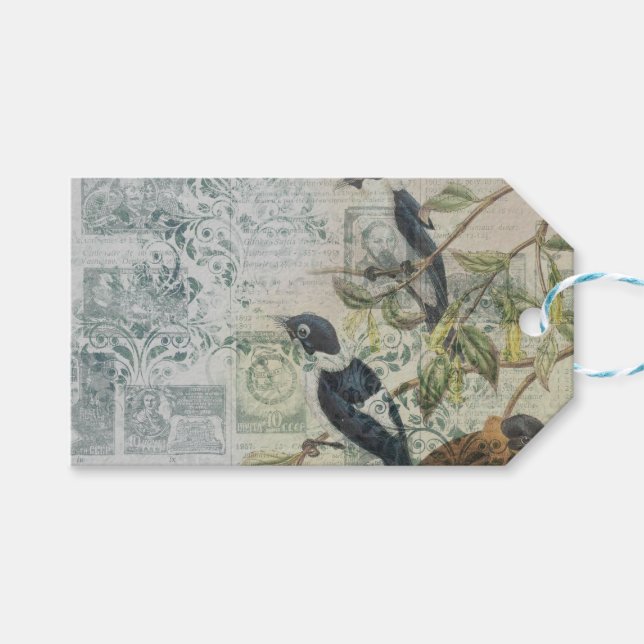 Vintager Bird Ephemera Decoupage Große Geschenktas Geschenkanhänger (Vorderseite (Horizontal))