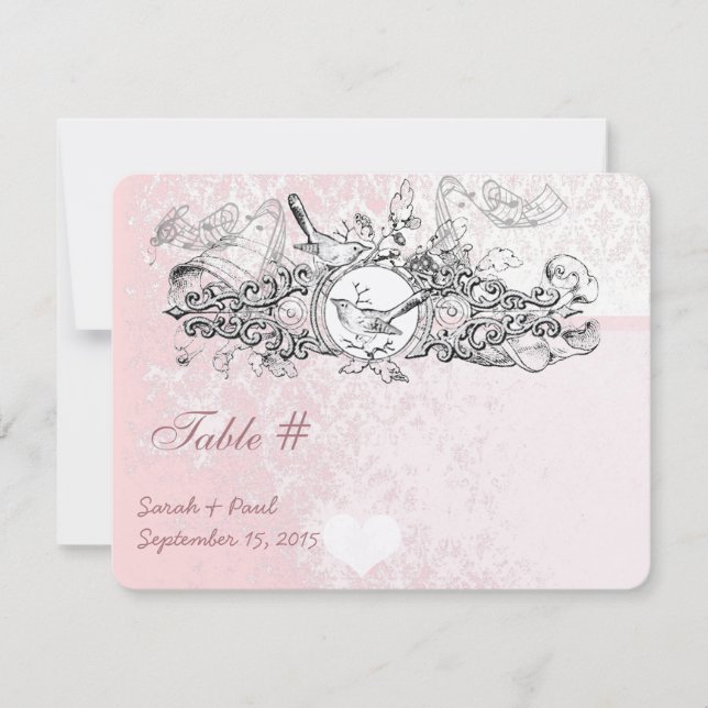 Vintager Bird Pink Musical Scroll Hochzeitstisch N Einladung (Vorderseite)