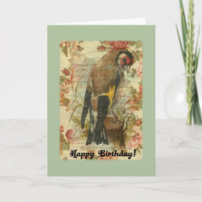 Vintager Birthday Bird mit Blumenhintergrund Karte (Vorderseite)