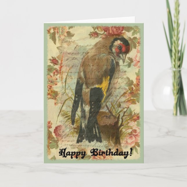 Vintager Birthday Bird mit Blumenhintergrund Karte (Vorderseite)