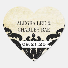 Vintager Black Damask-Hochzeitsticker Herz-Aufkleber