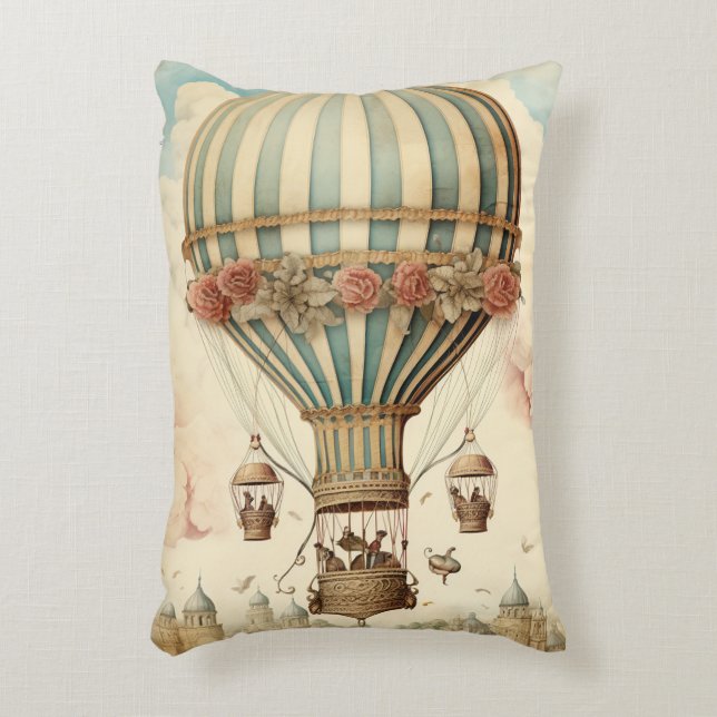 Vintager Bläserblauer Streifen Heißluftballon Dekokissen (Vorderseite(Vertikal))