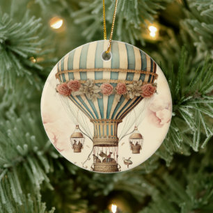 Vintager Bläserblauer Streifen Heißluftballon Keramik Ornament