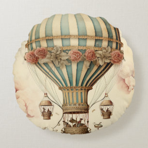 Vintager Bläserblauer Streifen Heißluftballon Rundes Kissen
