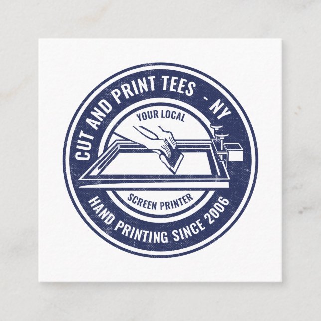 Vintager, blau-weißer Logo-Drucker Quadratische Visitenkarte (Vorderseite)