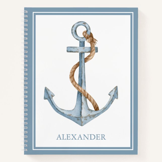 Vintager blauer Anker mit Personalisiertem Seil Notizbuch (Vorderseite)