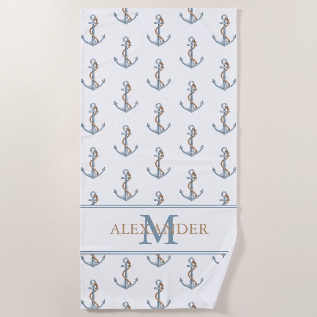 Vintager blauer Anker mit Seilmonogramm Strandtuch (Vorderseite)