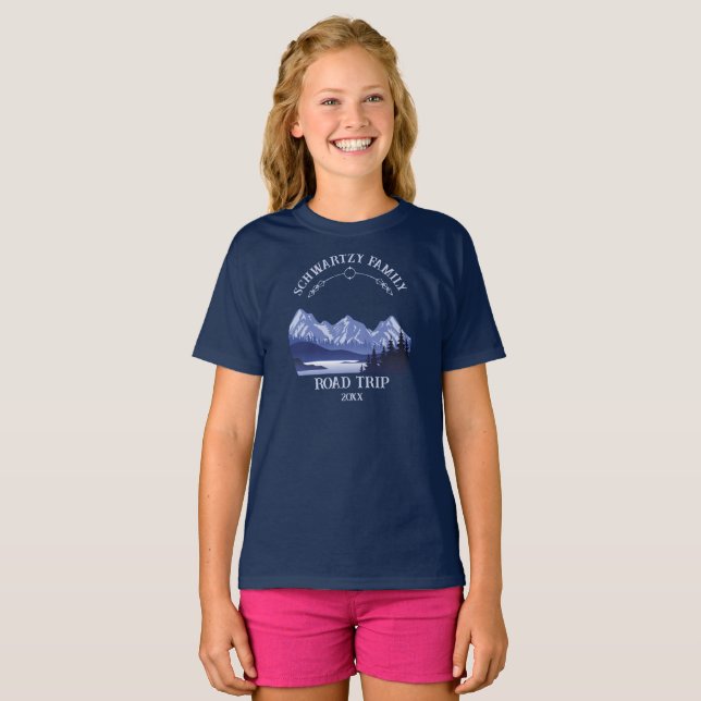 Vintager Blauer Berg Sonnenuntergang T-Shirt (Vorne ganz)