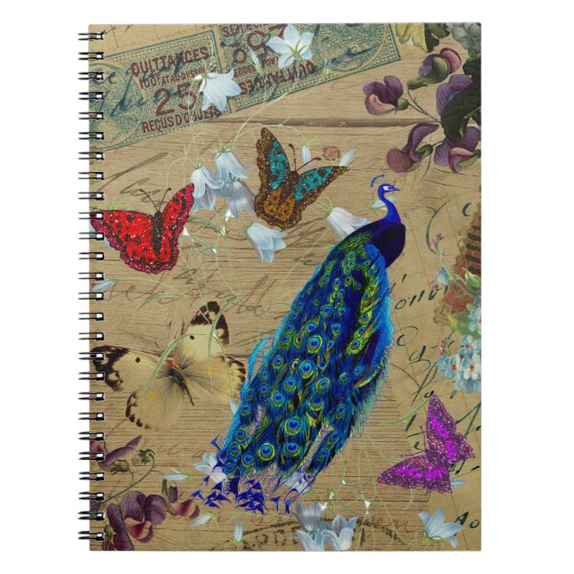 Vintager blauer bunter Pfau-niedlicher Notizblock (Vorderseite)