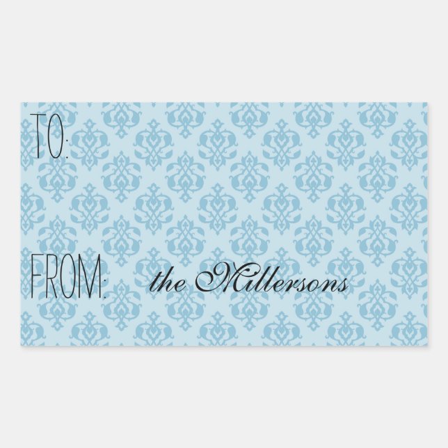Vintager Blauer Damask-Geschenk-Tag Rechteckiger Aufkleber (Vorderseite)