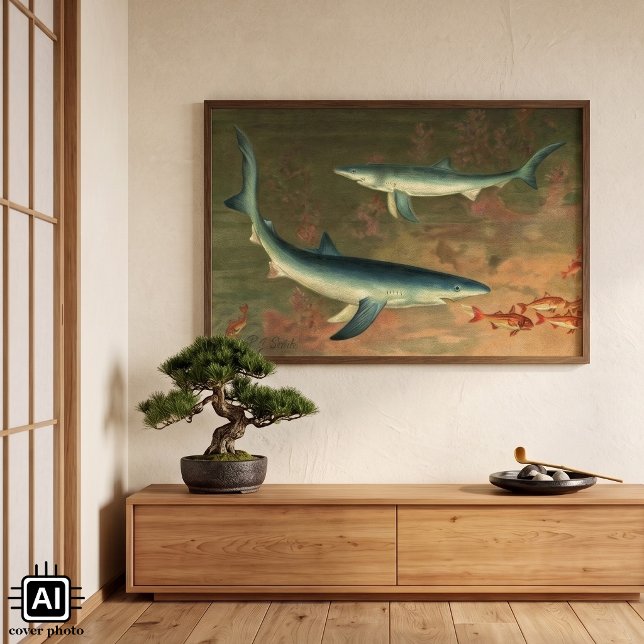 Vintager Blauer Hai isst Fisch, Meeresleben Poster (Vintage illustration marine life design featuring blue sharks swimming after fish in the ocean.)