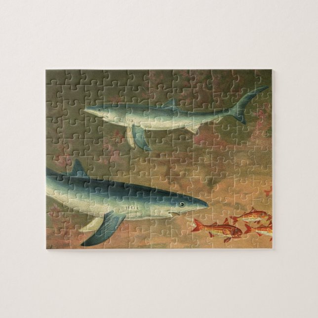 Vintager Blauer Hai isst Fisch, Meeresleben Puzzle (Horizontal)