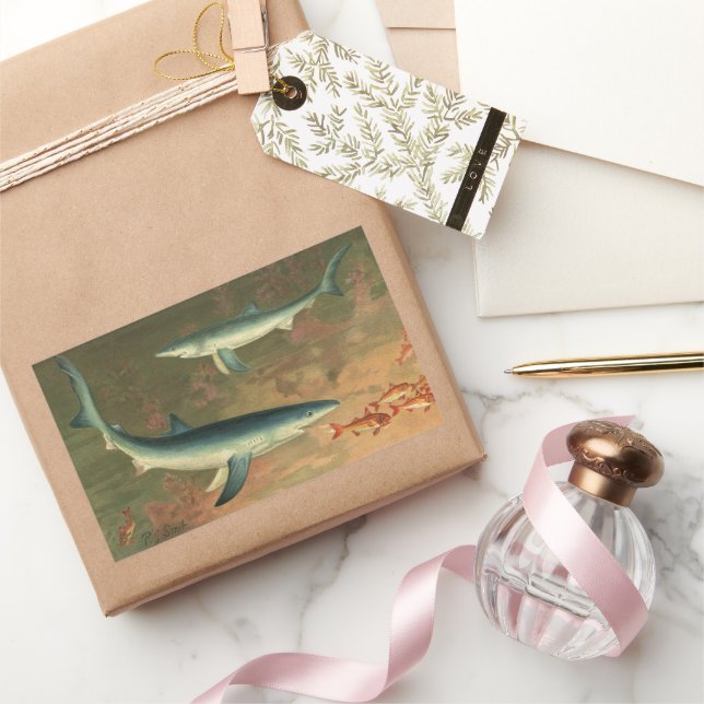 Vintager Blauer Hai isst Fisch, Meeresleben Rechteckiger Aufkleber (Schenken)