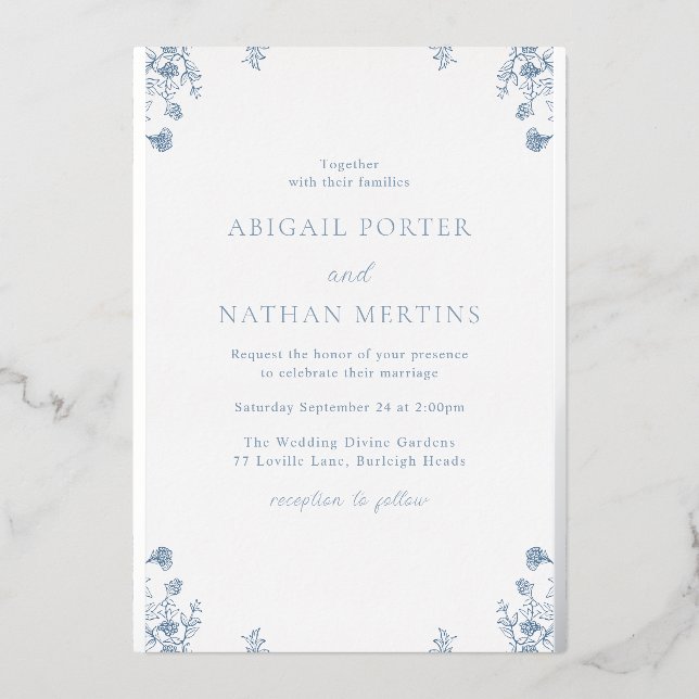 Vintager blauer Hochzeitssilber Folieneinladung (Vorderseite)