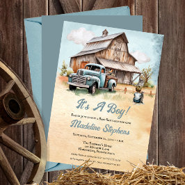 Vintager Blauer LKW | Barn Boy Farm Baby Show Einladung