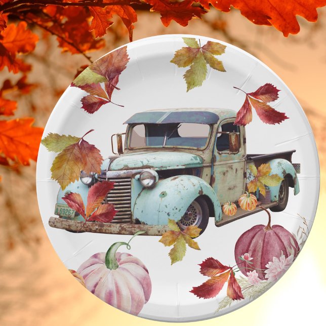 Vintager blauer Lkw Herbstleaves Pumpkins Pappteller (Von Creator hochgeladen)