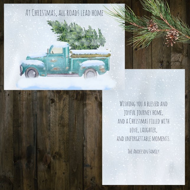 Vintager blauer LKW Tragend Weihnachtsbaum Feiertagskarte (Von Creator hochgeladen)