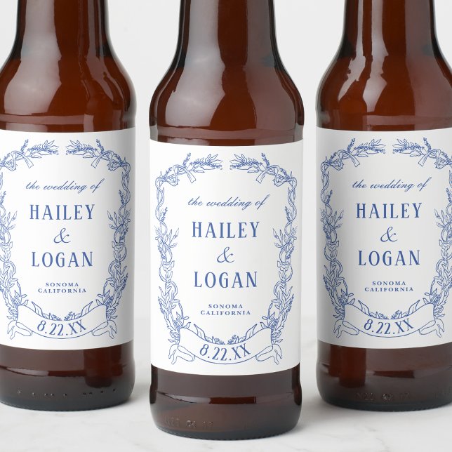 Vintager blauer Rahmen Elegante Hochzeit Bierflaschenetikett (Von Creator hochgeladen)