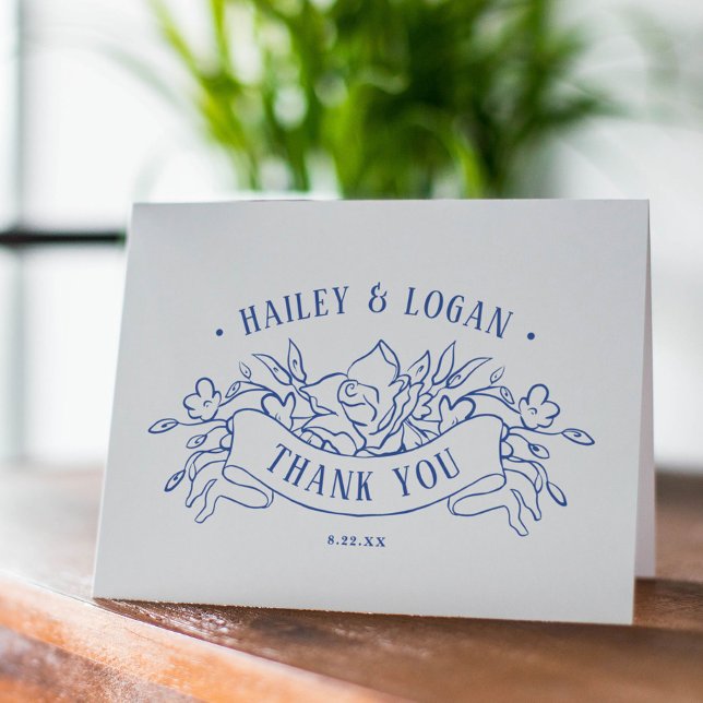 Vintager blauer Rahmen Elegante Hochzeit Dankeskarte (Von Creator hochgeladen)