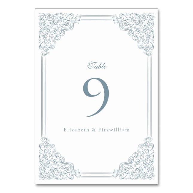 Vintager Blauer Rahmen Elegante Script-Hochzeit Tischnummer (Vorderseite)