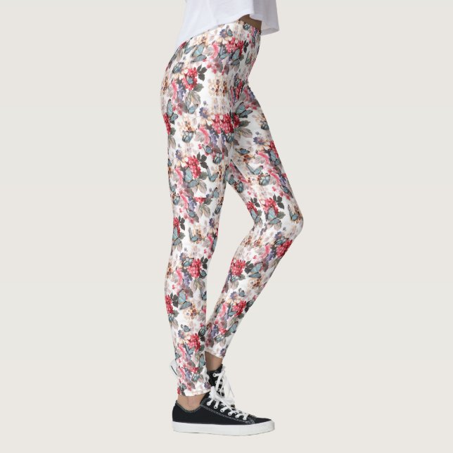 Vintager Blauer Schmetterling und Rosa Blütendruck Leggings (Rechts)