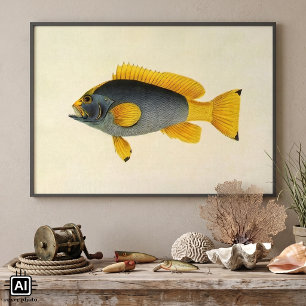 Vintager Blauer und Gelber Grouper Fisch, Meeresle Poster