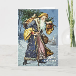 Vintager Blauer Vater Weihnachtsbaum und Spielzeug Karte
