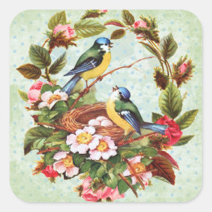 Vintager blauer Vogel-Blumenaufkleber Quadratischer Aufkleber