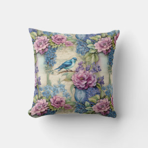 Vintager Blauer Vogel und Blume Serenade Kissen