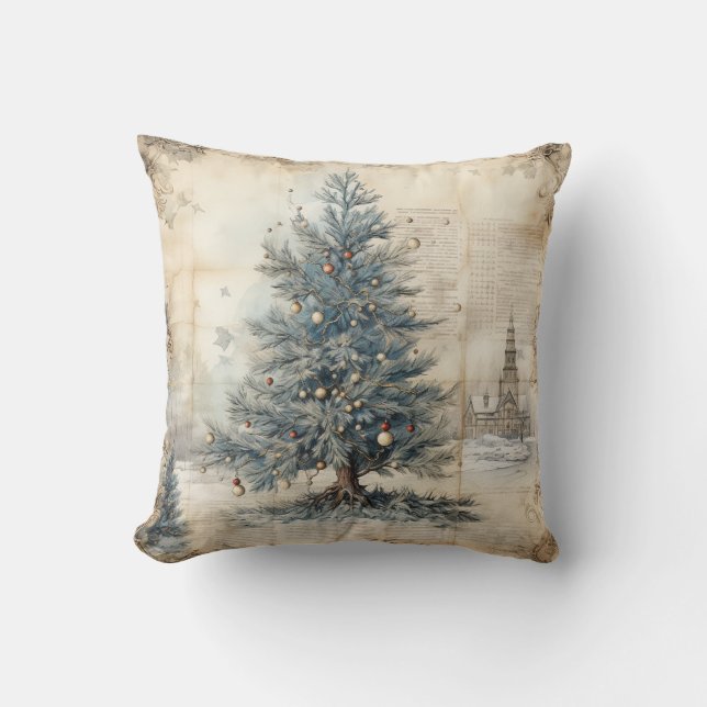 Vintager Blauer Weihnachtsbaum-Kissen Kissen (Vorderseite)