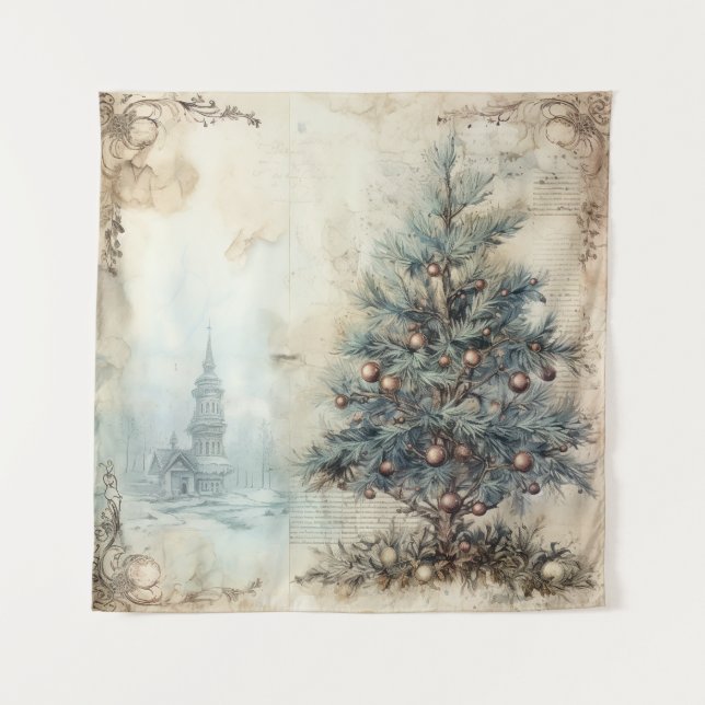 Vintager Blauer Weihnachtsbaum Wandteppich (Vorderseite)