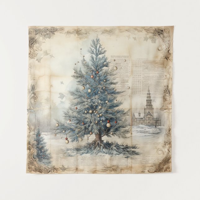 Vintager Blauer Weihnachtsbaum Wandteppich (Vorderseite)