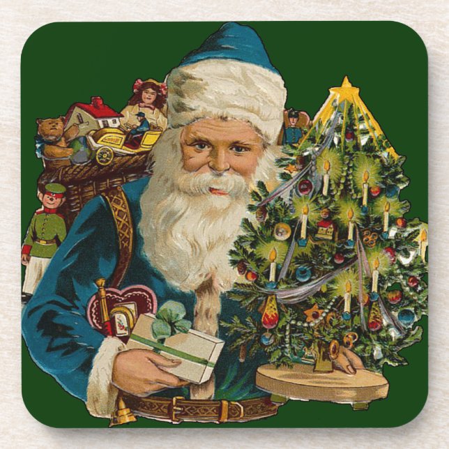 Vintager blauer Weihnachtsmann mit Geschenken Set  Untersetzer (Vorderseite)