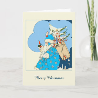 Vintager blauer Weihnachtsmann mit Weihnachtsspiel Feiertagskarte