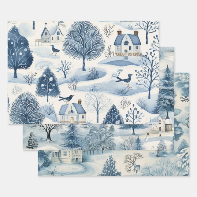 Vintager blauer Weihnachtsschnee Geschenkpapier Set (Set)