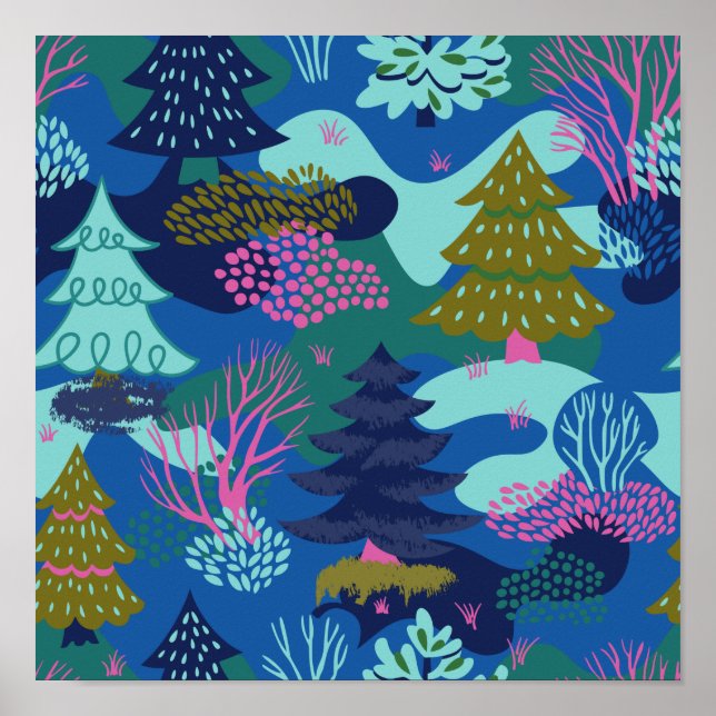 Vintager Blauer Winter Weihnachtsbaumwald Poster (Vorne)