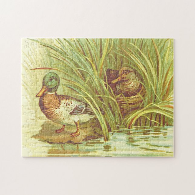 Vintager Blick, zwei Enten in der Nähe eines Wasse Puzzle (Horizontal)