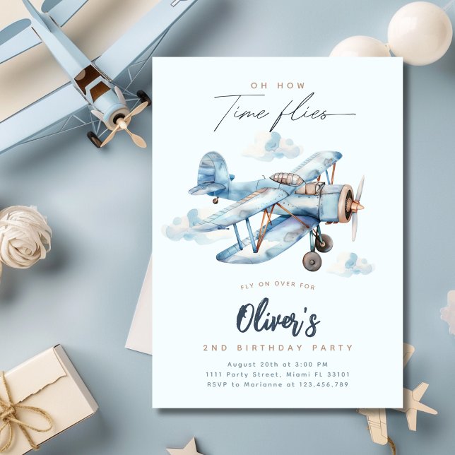 Vintager Blue Travel Boy Geburtstagsparty Einladung (Vintage Airplane Blue Travel Boy Birthday Party Invitation)