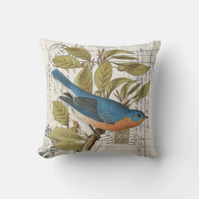 Vintager Bluebird Fern French Bird Throw Kissen (Vorderseite)