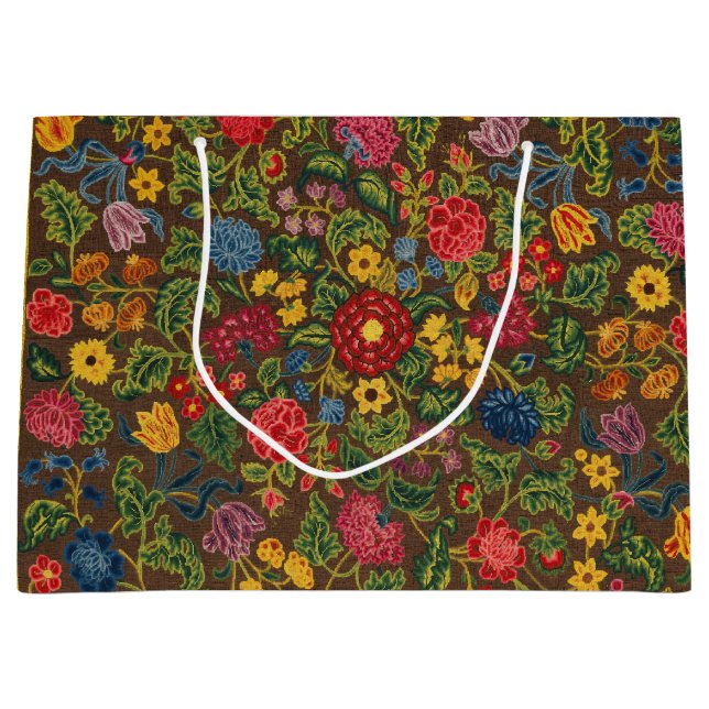 Vintager, blumenbestickter Teppichboden, lebhafte  Große Geschenktüte (Vorderseite)